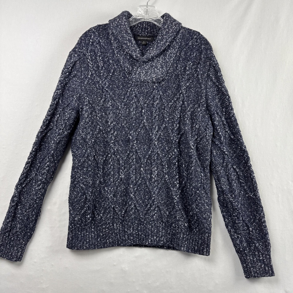 Banana Republic Sweater Mens M Shawl Collar Cable Knit Navy Blue Confetti
